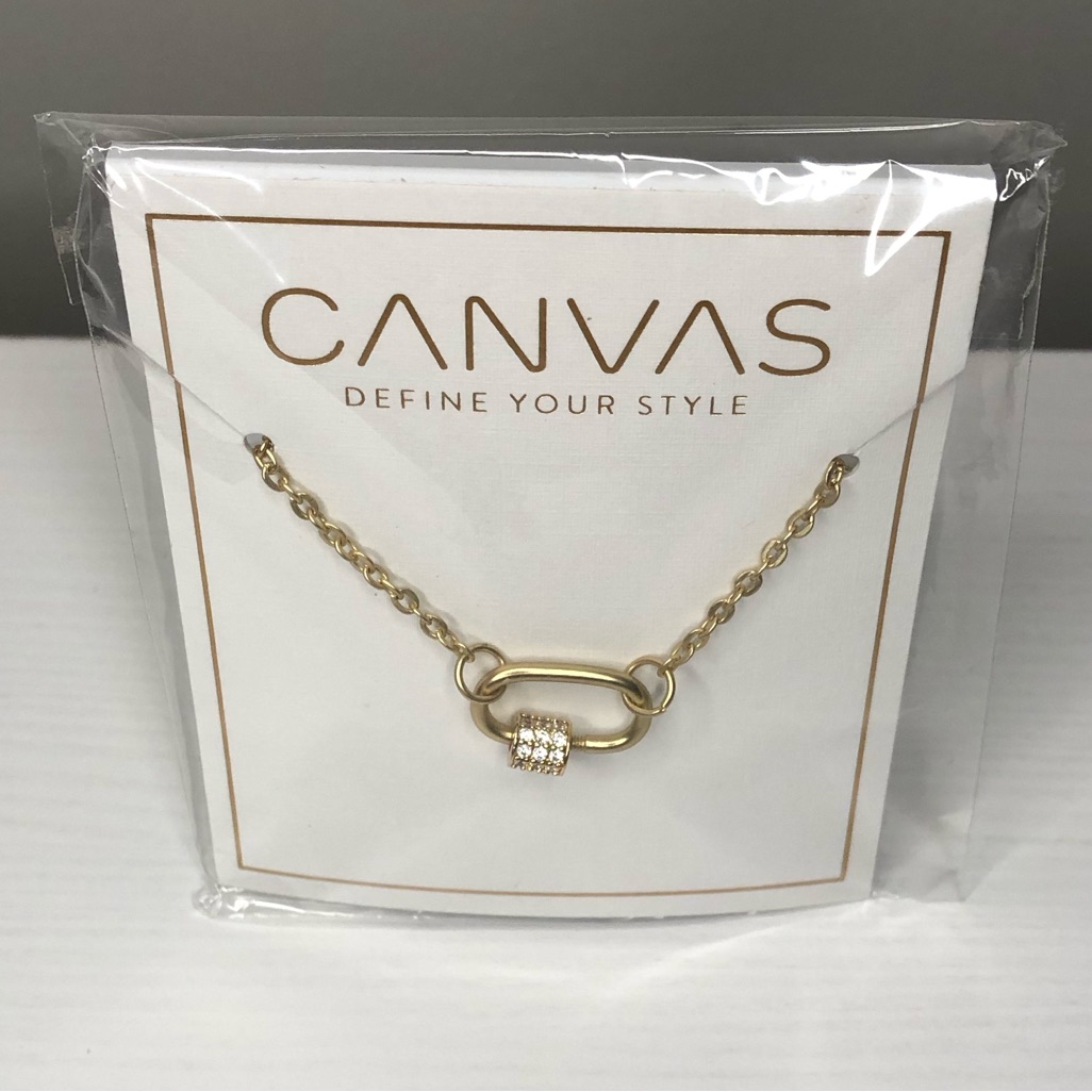 Canvas Style Gold Chain Necklace With Sparkling Carabiner Charm